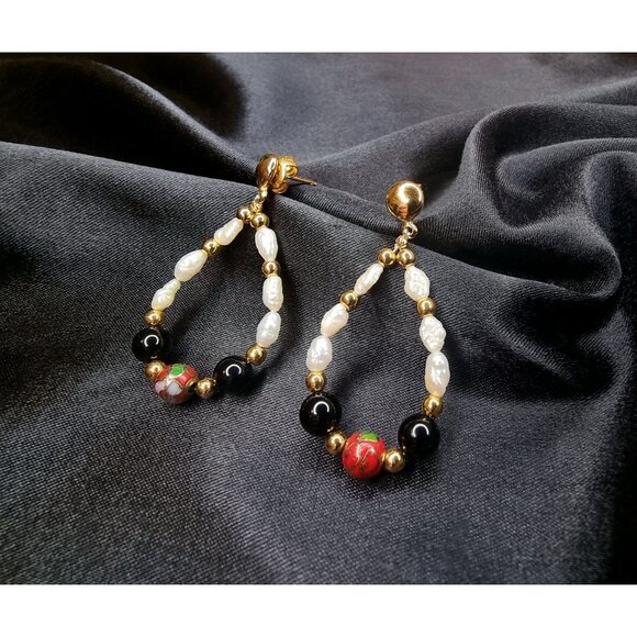 Elegant Gold & Pearl Teardrop Earrings With Black Beads & Red Cloisonné Accents - Picture 2 of 5